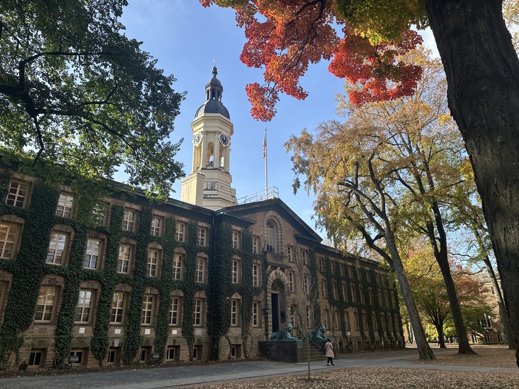 a photo of Nassau Hall with fall vibes