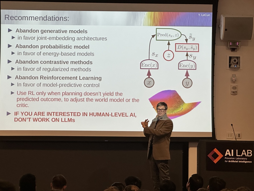 Prof. Yann LeCun giving a talk on AI and showing a slide that says to not work LLMs for progress in AI